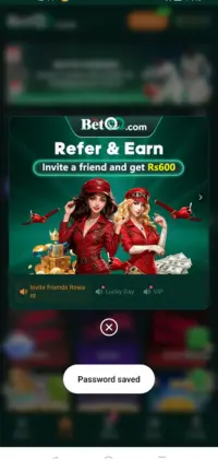 BETQQ Game app screenshot showing Refer and Earn promotion with two animated female characters in red outfits and a Rs 600 bonus offer on a green background.