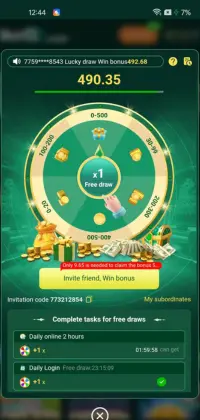 BETQQ Game app screen featuring a green lucky spin wheel with various reward segments, a free draw button, and a daily task list for earning spins.