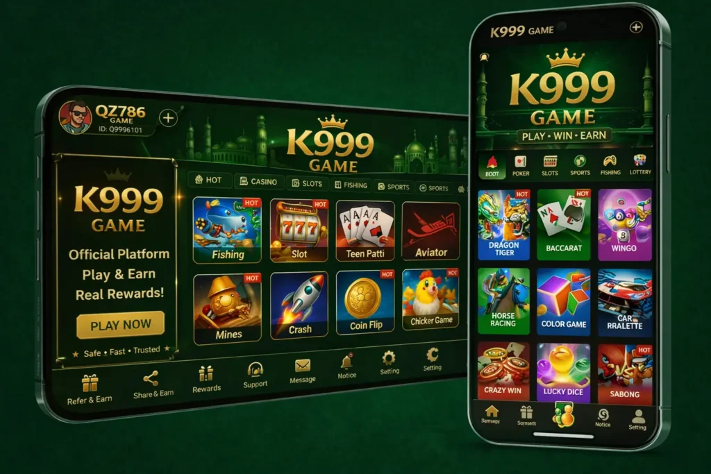 K999 Game mobile app interface showing casino games, slots, fishing, and color prediction options on Android screen