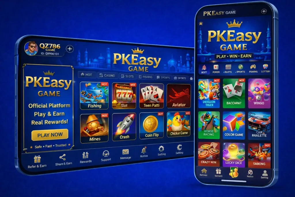 PKEasy Game mobile app interface showing casino, slots, fishing, and earning games on Android smartphones with blue background.