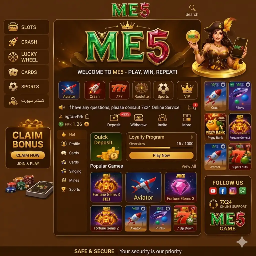 ME5 Game app interface image showing mobile gaming dashboard with different game options and simple navigation layout.